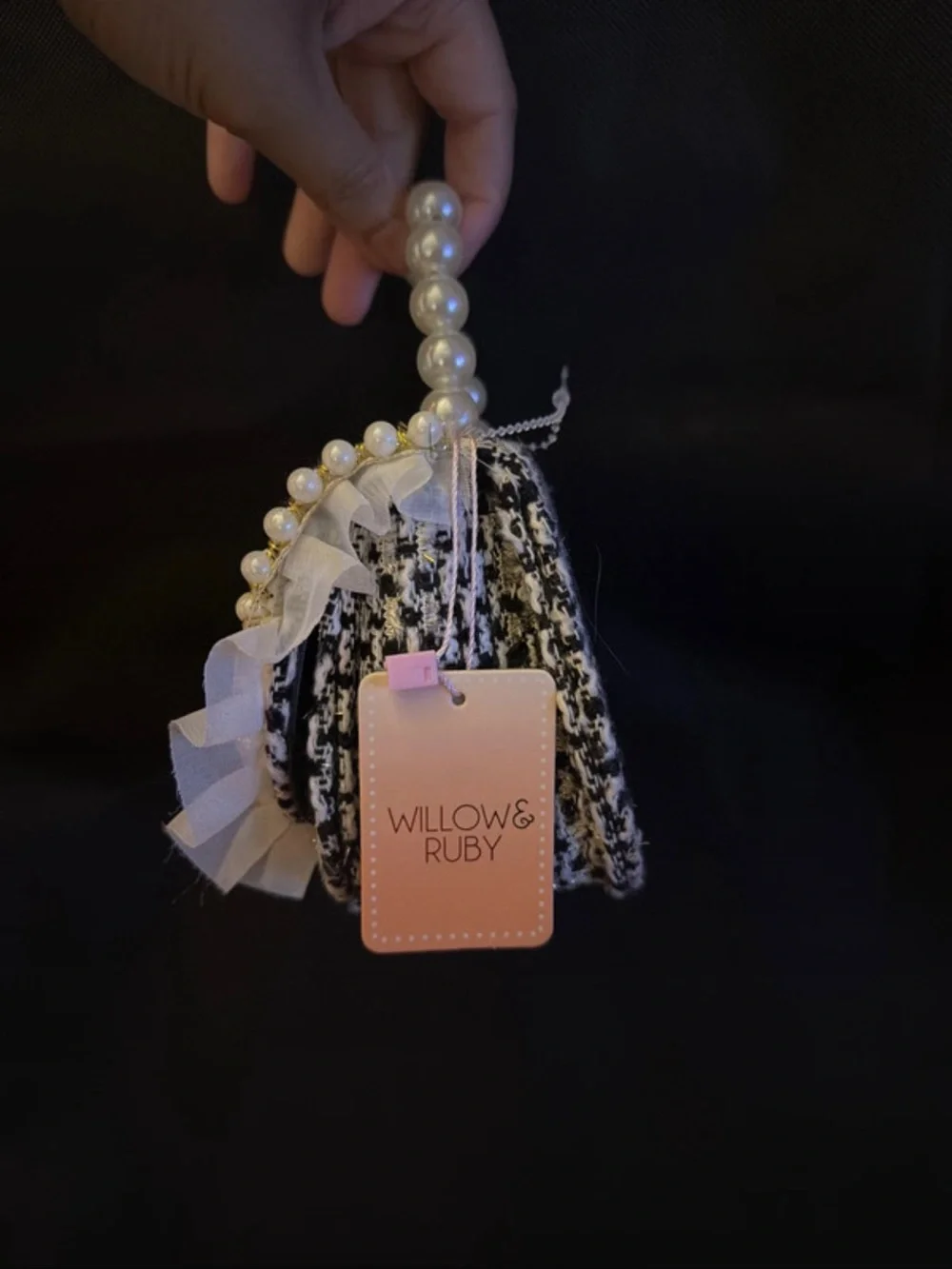 Pearl-Handle Black & White Bow Accent Women's Handbag